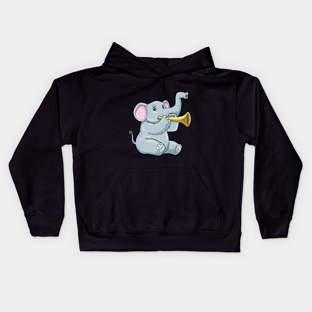 Elephant as musician with trumpet Kids Hoodie by Markus Schnabel